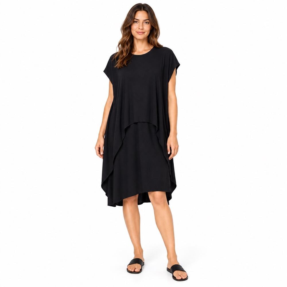 COS Black Circle Cut Layer Dress Womens L Asymmetric Raw Hem Jersey